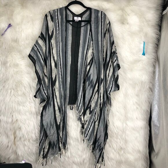 Big Buddha Boho Fringe Kimono Cardigan – Black Gray Striped Drape Open Front - Picture 1 of 7